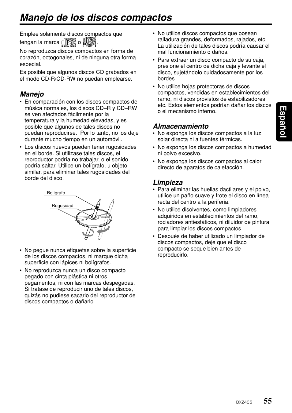 Manejo de los discos compactos, 55 espa ñ ol, Manejo | Almacenamiento, Limpieza | Clarion DXZ435 User Manual | Page 51 / 76