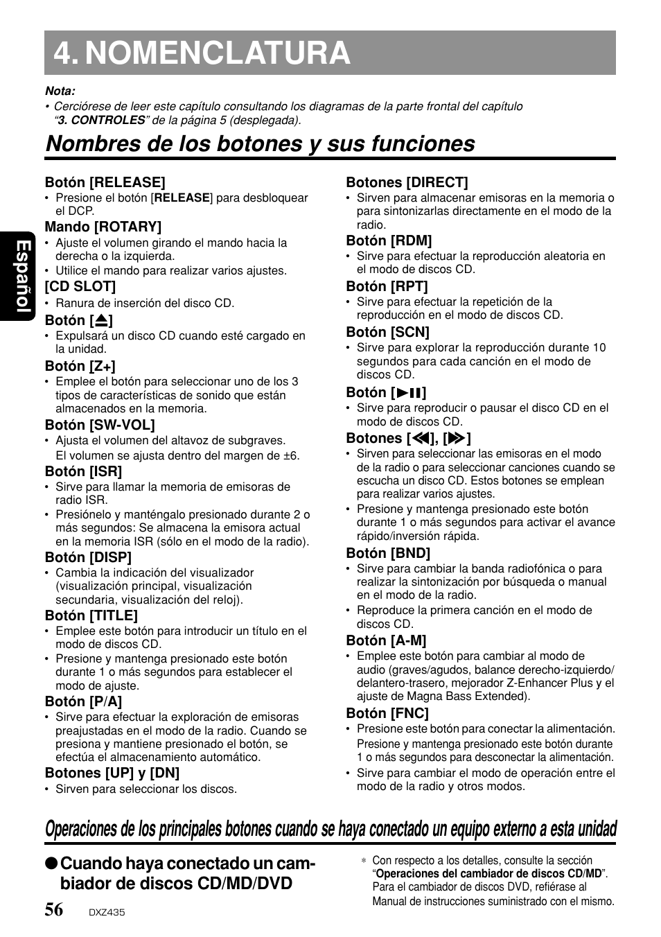 Nomenclatura, Nombres de los botones y sus funciones, Espa ñ ol | Clarion DXZ435 User Manual | Page 52 / 76