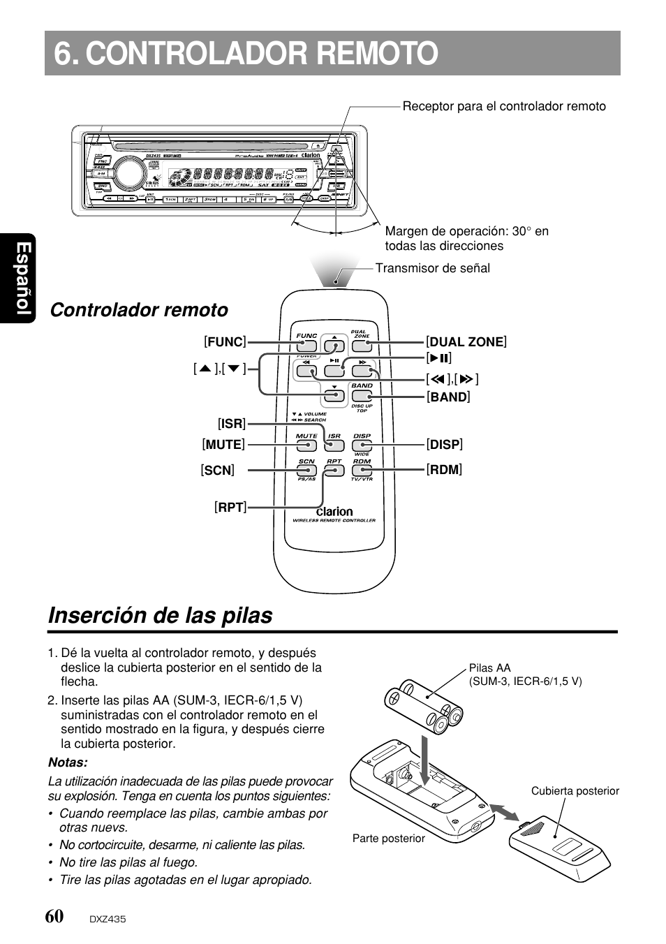 Controlador remoto, Inserción de las pilas, Espa ñ ol | Clarion DXZ435 User Manual | Page 56 / 76