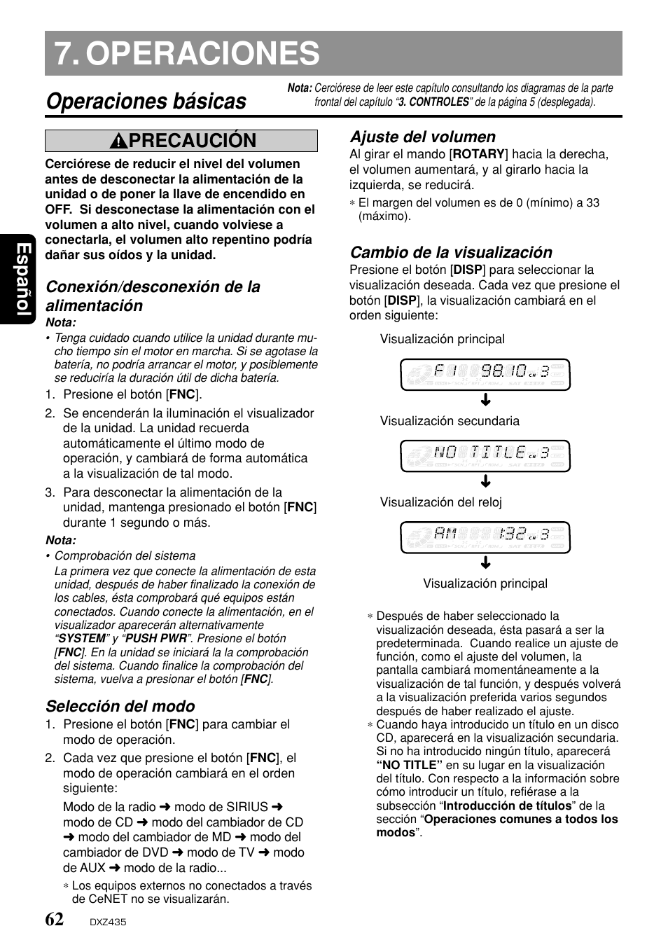 Operaciones, Operaciones básicas, Espa ñ ol | Precaución | Clarion DXZ435 User Manual | Page 58 / 76