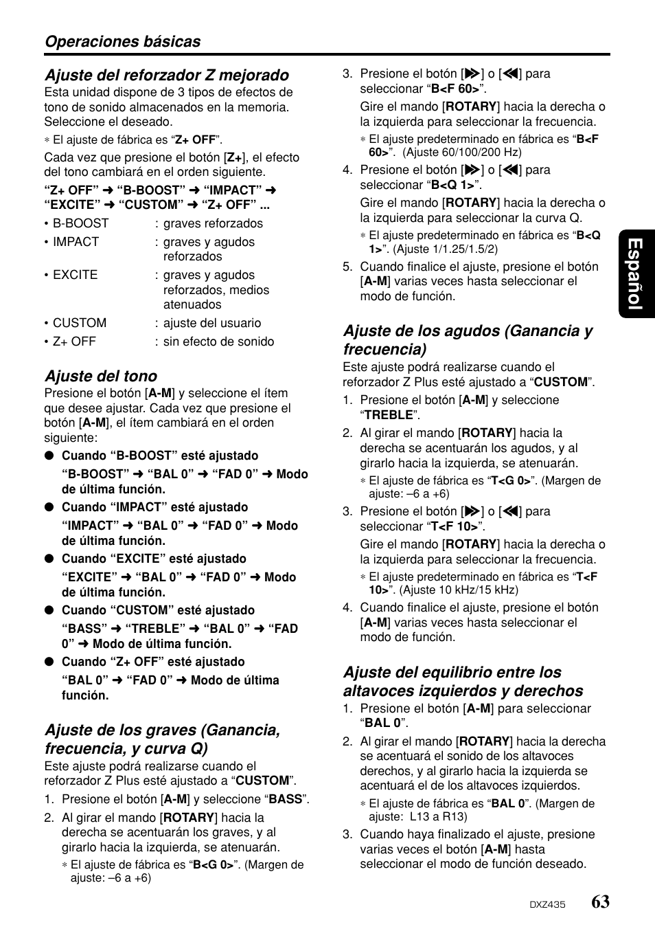 63 espa ñ ol, Ajuste del reforzador z mejorado, Ajuste del tono | Operaciones básicas, Ajuste de los agudos (ganancia y frecuencia) | Clarion DXZ435 User Manual | Page 59 / 76