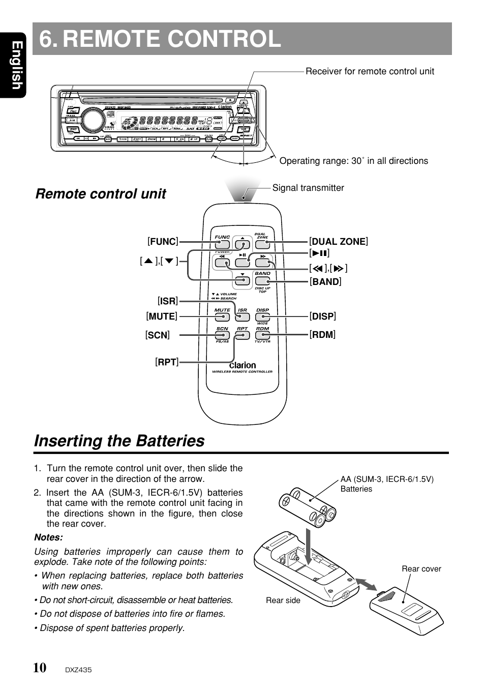 Remote control, Inserting the batteries, English | Remote control unit | Clarion DXZ435 User Manual | Page 6 / 76
