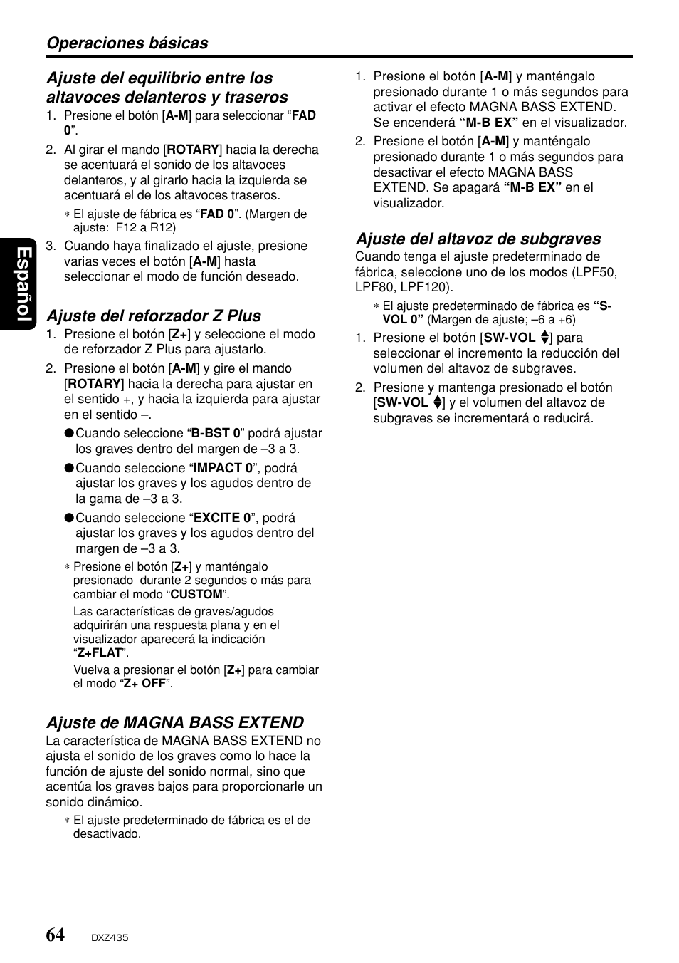 Espa ñ ol, Ajuste del reforzador z plus, Ajuste de magna bass extend | Ajuste del altavoz de subgraves | Clarion DXZ435 User Manual | Page 60 / 76