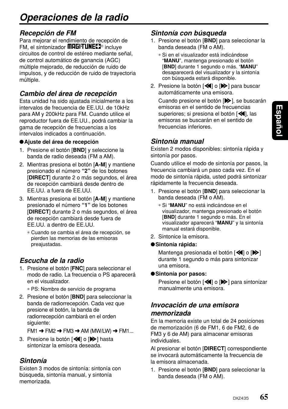 Operaciones de la radio, 65 espa ñ ol, Recepción de fm | Cambio del área de recepción, Escucha de la radio, Sintonía, Sintonía con búsqueda, Sintonía manual | Clarion DXZ435 User Manual | Page 61 / 76