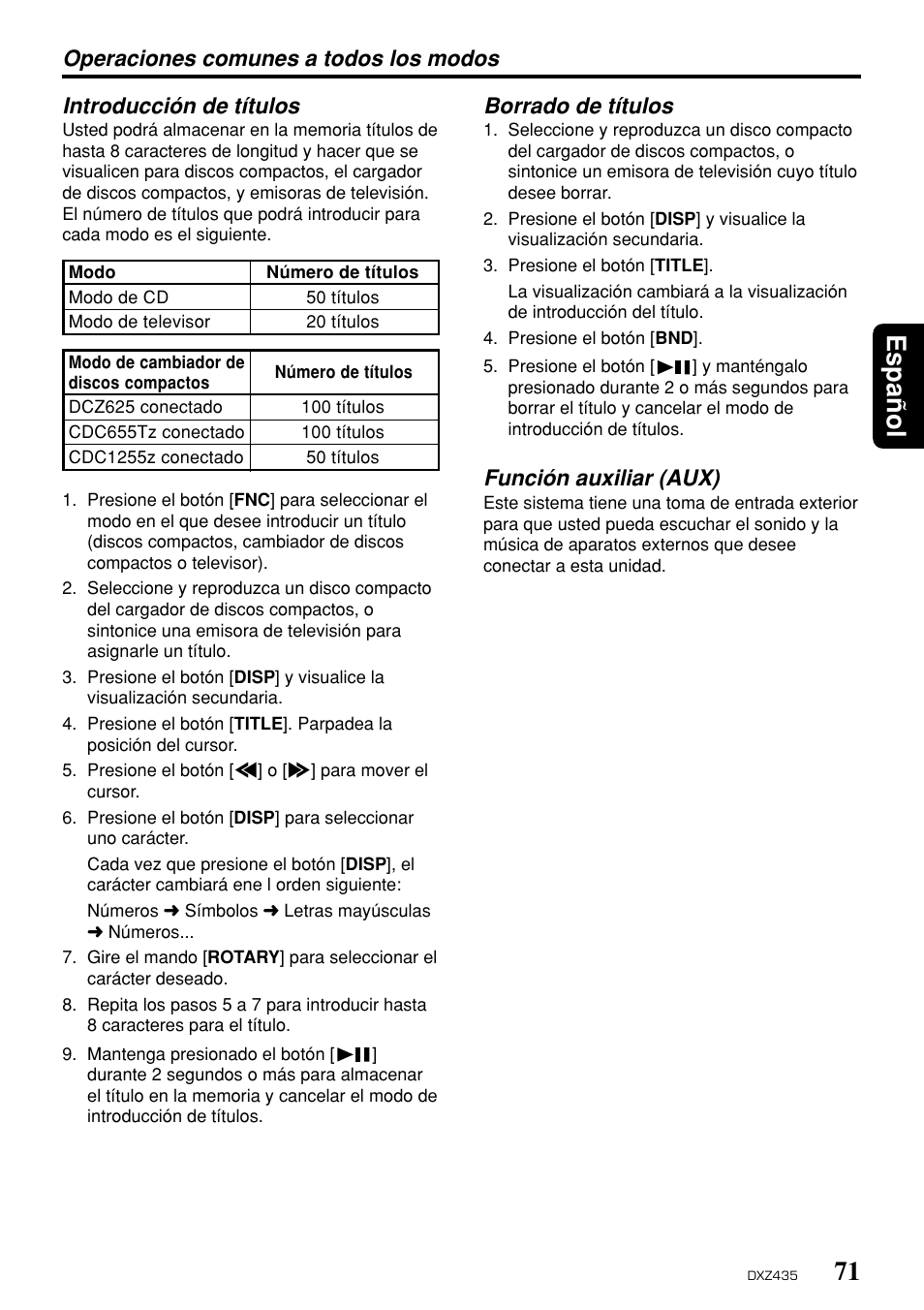 71 espa ñ ol, Operaciones comunes a todos los modos, Introducción de títulos | Borrado de títulos, Función auxiliar (aux) | Clarion DXZ435 User Manual | Page 67 / 76
