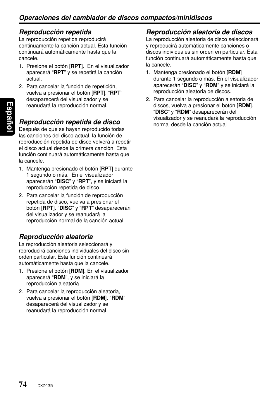 Espa ñ ol | Clarion DXZ435 User Manual | Page 70 / 76