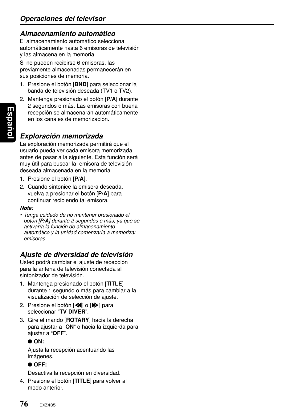 Espa ñ ol, Ajuste de diversidad de televisión | Clarion DXZ435 User Manual | Page 72 / 76