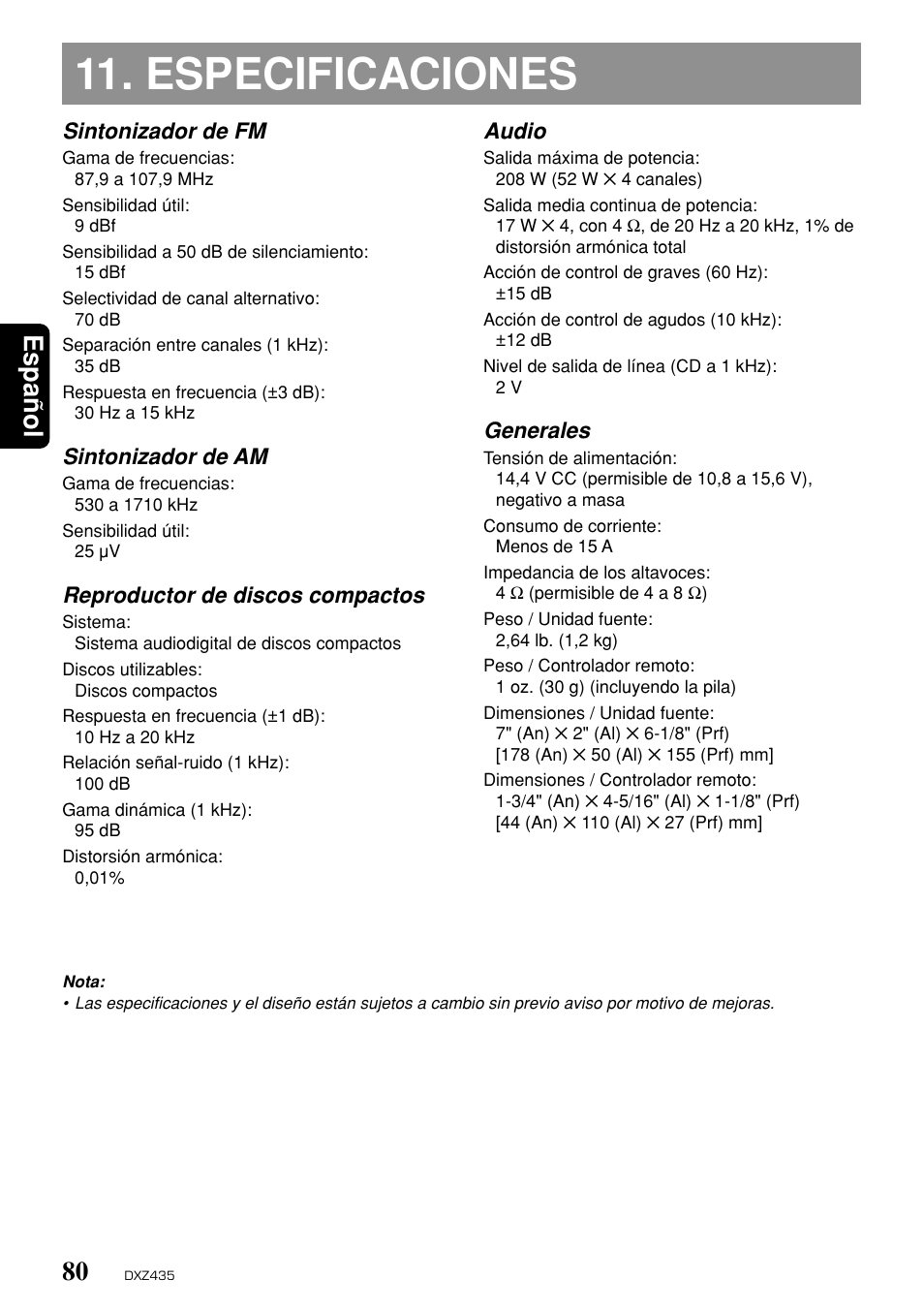 Especificaciones, Espa ñ ol, Sintonizador de fm | Sintonizador de am, Reproductor de discos compactos, Audio, Generales | Clarion DXZ435 User Manual | Page 76 / 76