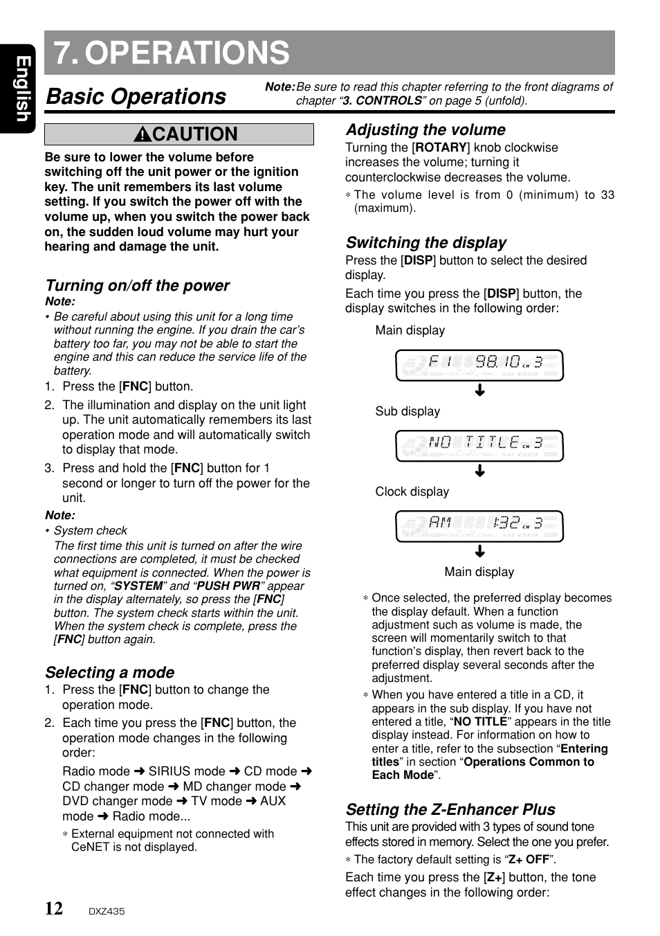 Operations, Basic operations, English | Caution, Turning on/off the power, Selecting a mode, Adjusting the volume, Switching the display, Setting the z-enhancer plus | Clarion DXZ435 User Manual | Page 8 / 76