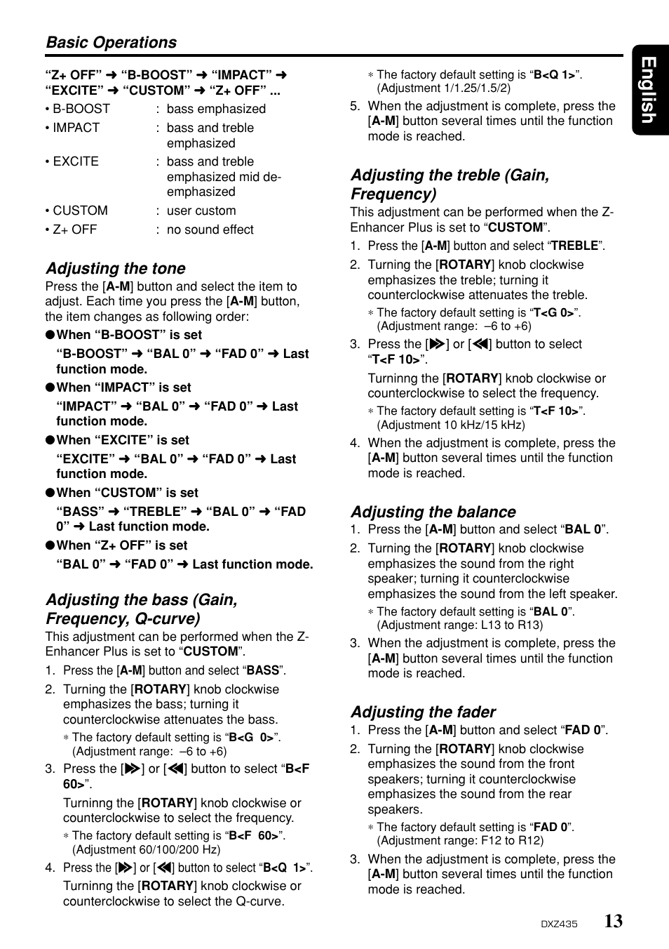13 english, Adjusting the tone, Adjusting the bass (gain, frequency, q-curve) | Adjusting the treble (gain, frequency), Adjusting the balance, Adjusting the fader, Basic operations | Clarion DXZ435 User Manual | Page 9 / 76