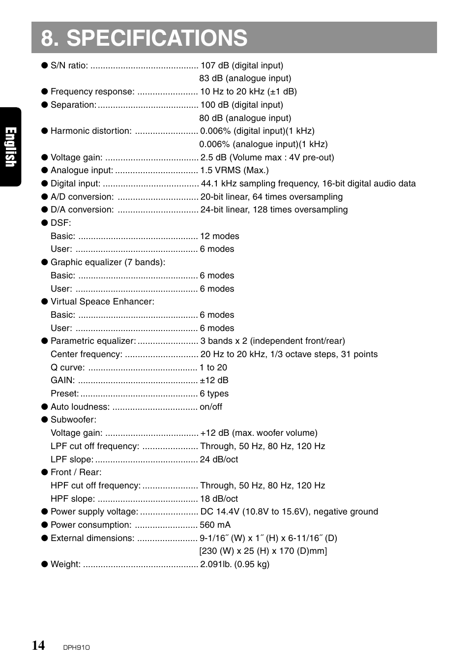 Specifications | Clarion DPH910 User Manual | Page 12 / 12