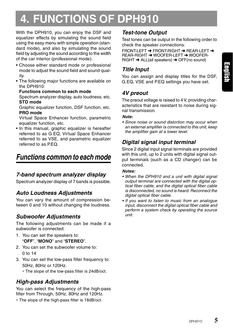 Functions of dph910, Functions common to each mode, Band spectrum analyzer display | Auto loudness adjustments, Subwoofer adjustments, High-pass adjustments, Test-tone output, Title input, 4v preout, Digital signal input terminal | Clarion DPH910 User Manual | Page 3 / 12