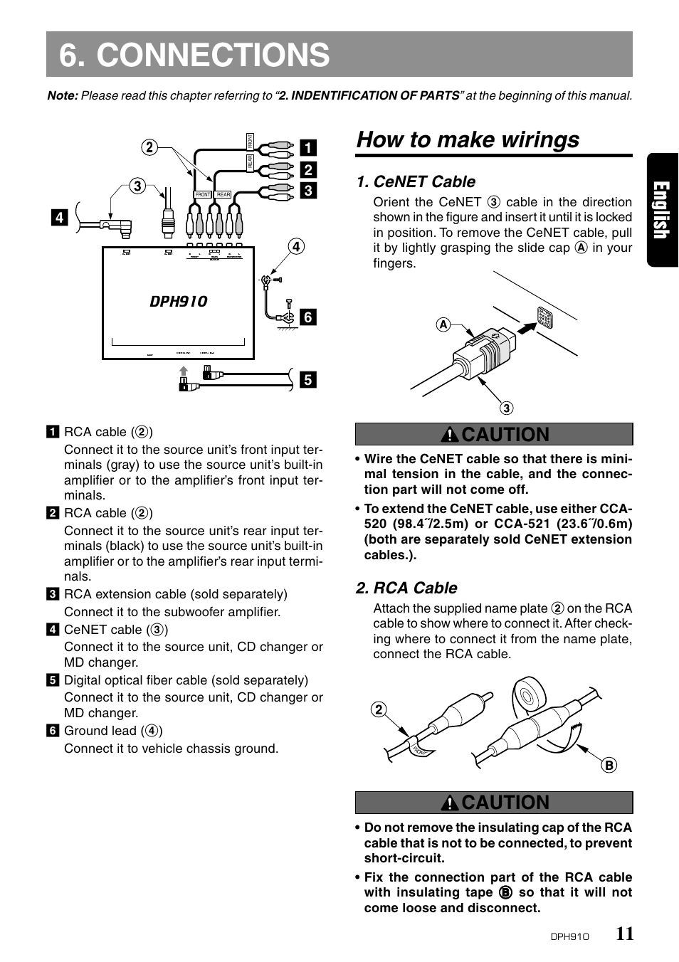 Connections, How to make wirings, Caution | Cenet cable, Rca cable | Clarion DPH910 User Manual | Page 9 / 12