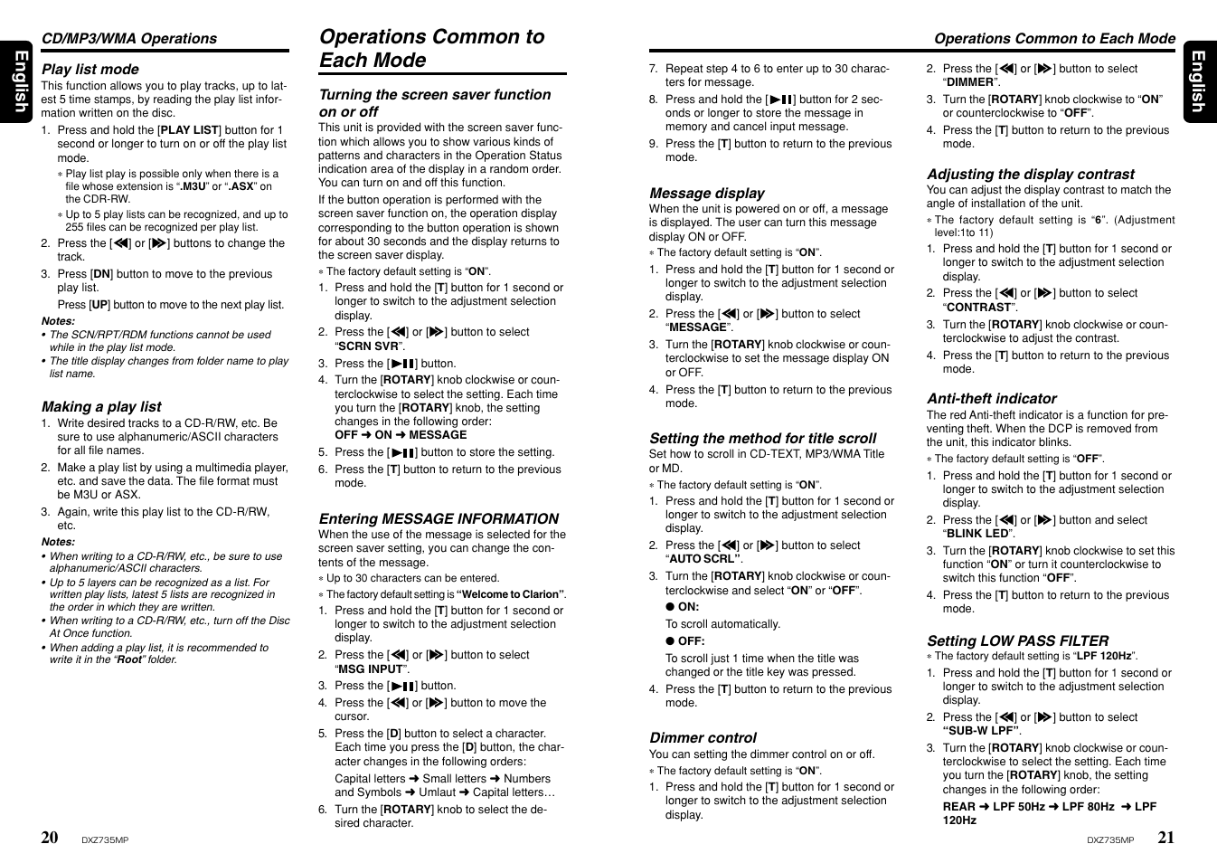 Operations common to each mode, 21 english 20, English | Clarion DXZ735MP User Manual | Page 11 / 16