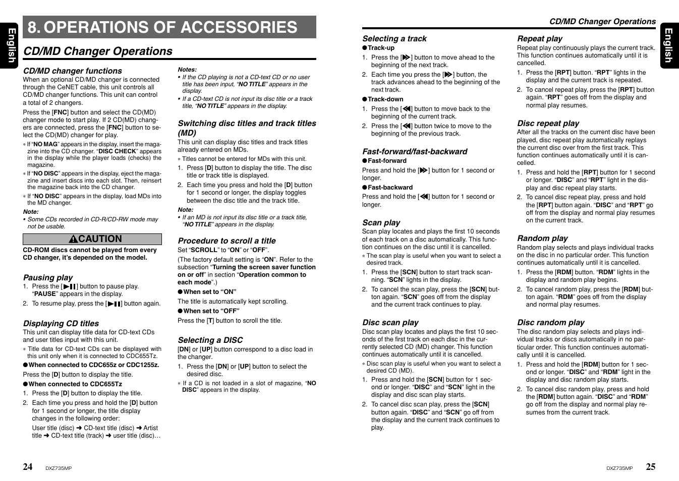 Operations of accessories, Cd/md changer operations, 25 english 24 | English, Caution | Clarion DXZ735MP User Manual | Page 13 / 16