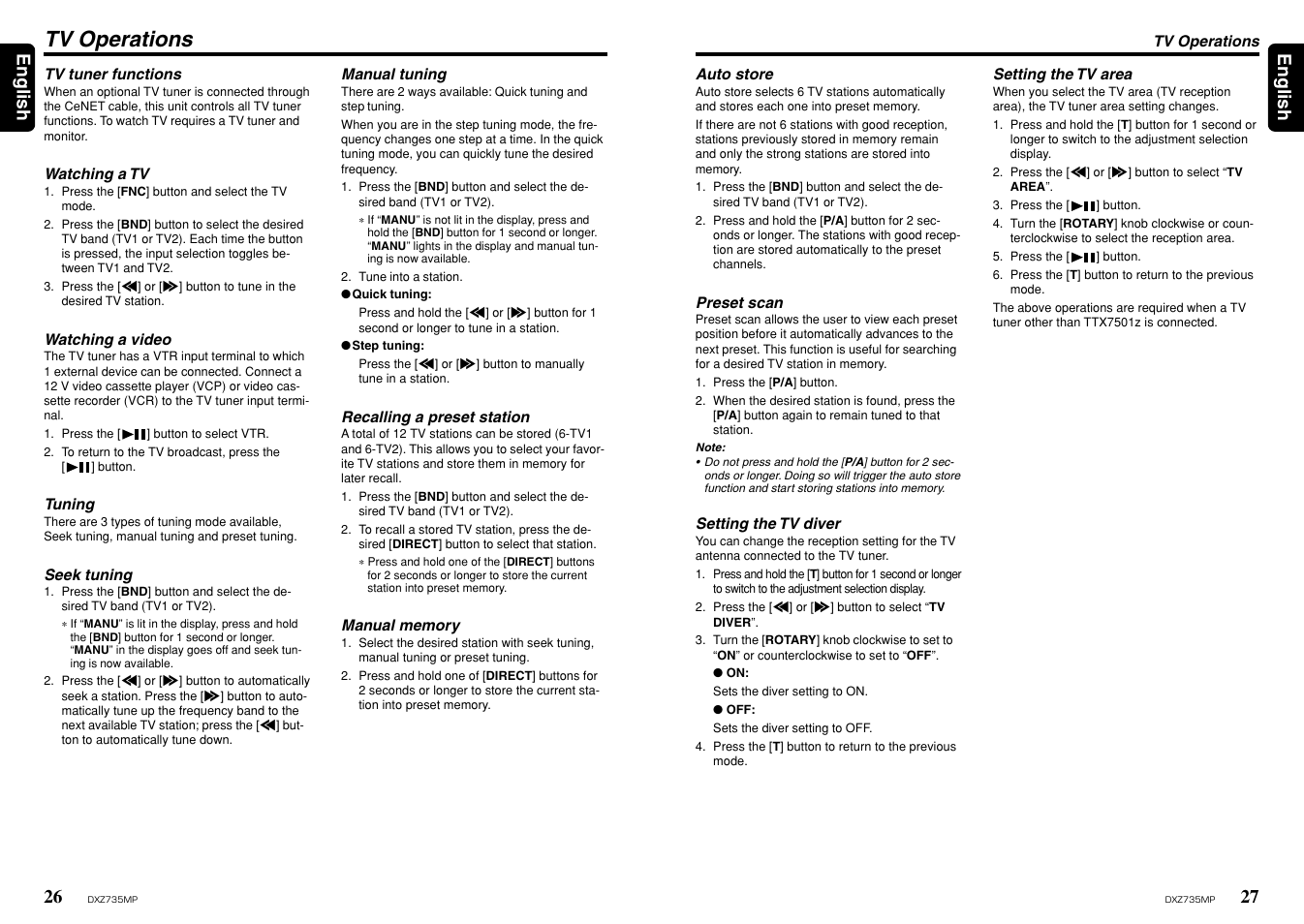 Tv operations, 27 english 26, English | Clarion DXZ735MP User Manual | Page 14 / 16