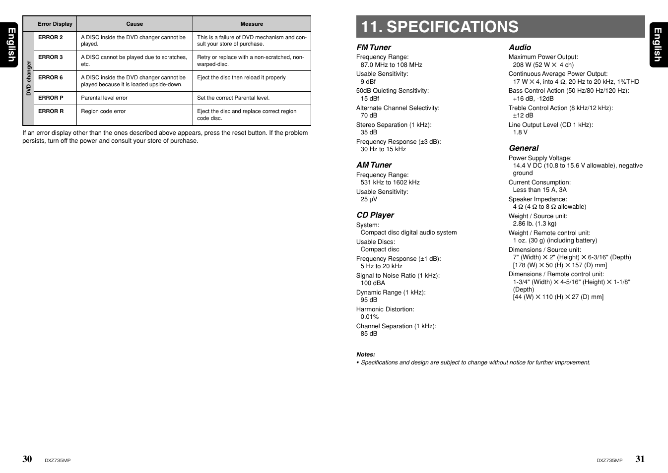 Specifications, 31 english 30, English | Clarion DXZ735MP User Manual | Page 16 / 16