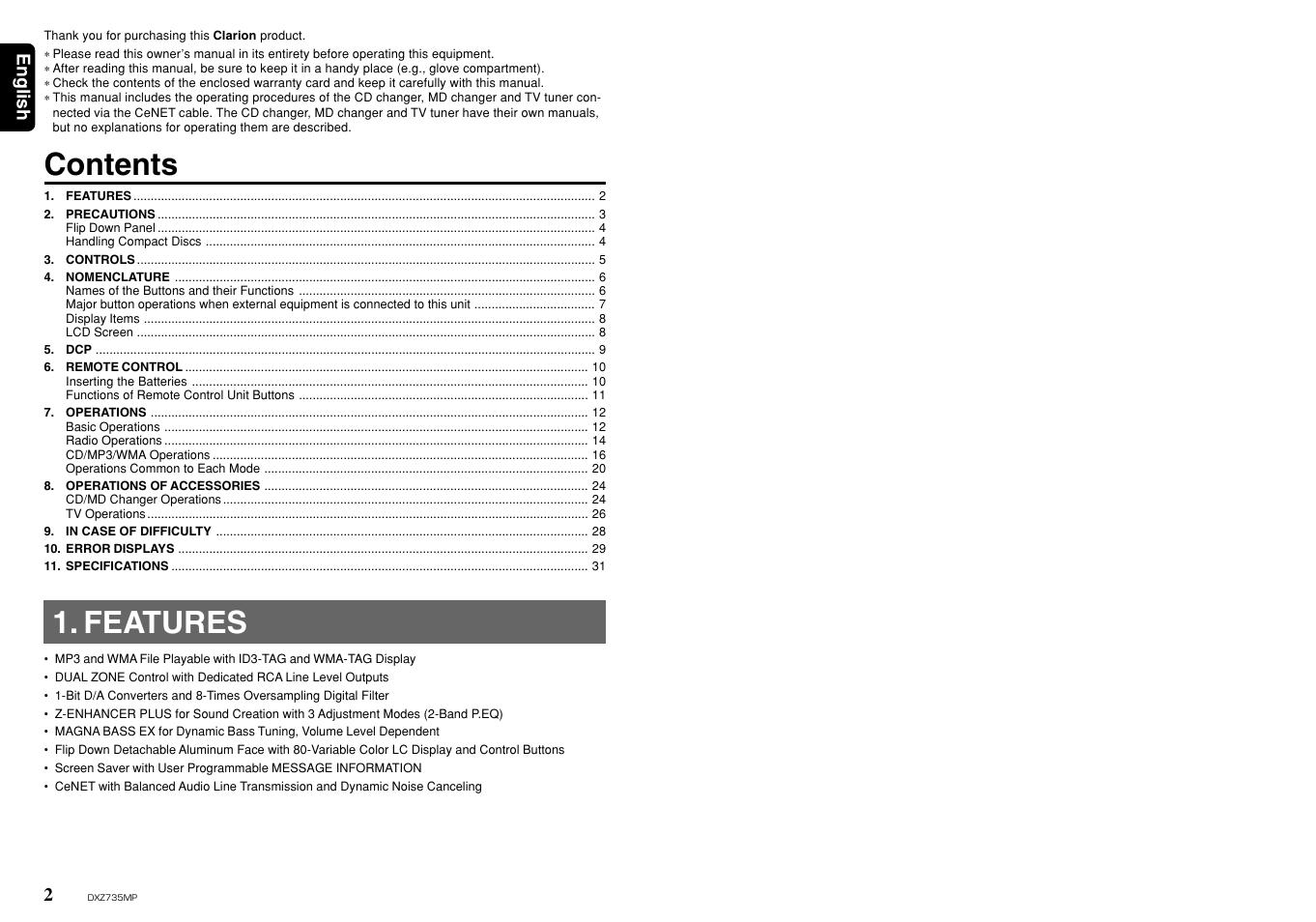 Clarion DXZ735MP User Manual | Page 2 / 16