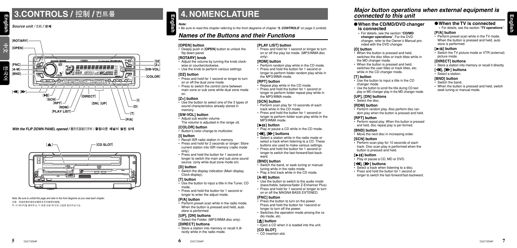 Nomenclature, Controls, Names of the buttons and their functions | Clarion DXZ735MP User Manual | Page 4 / 16