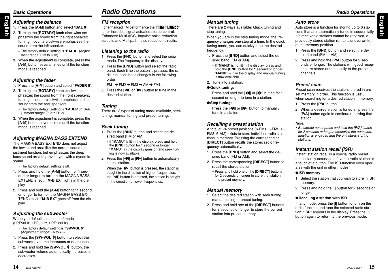 Radio operations, 15 english 14, English | Clarion DXZ735MP User Manual | Page 8 / 16