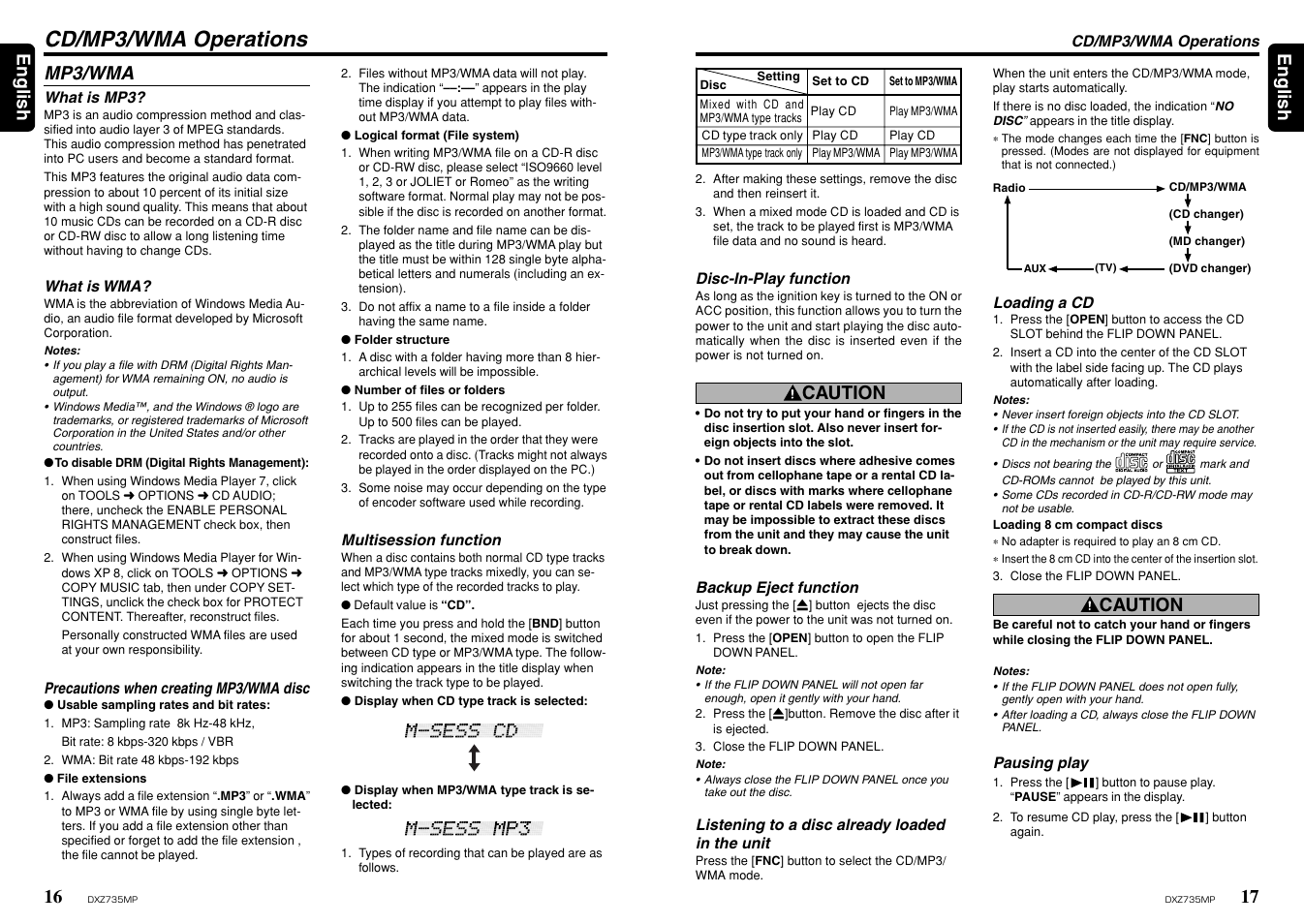 Cd/mp3/wma operations, 17 english 16, English | Caution, Mp3/wma | Clarion DXZ735MP User Manual | Page 9 / 16