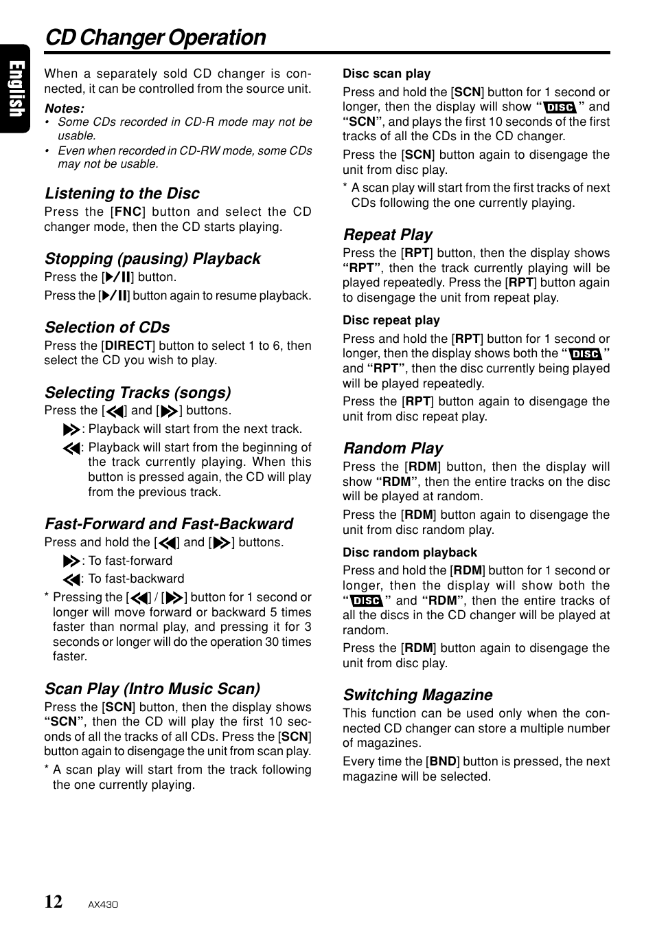 Cd changer operation, Repeat play, Random play | Switching magazine, Listening to the disc, Stopping (pausing) playback, Selection of cds, Selecting tracks (songs), Fast-forward and fast-backward, Scan play (intro music scan) | Clarion AX430 User Manual | Page 10 / 12
