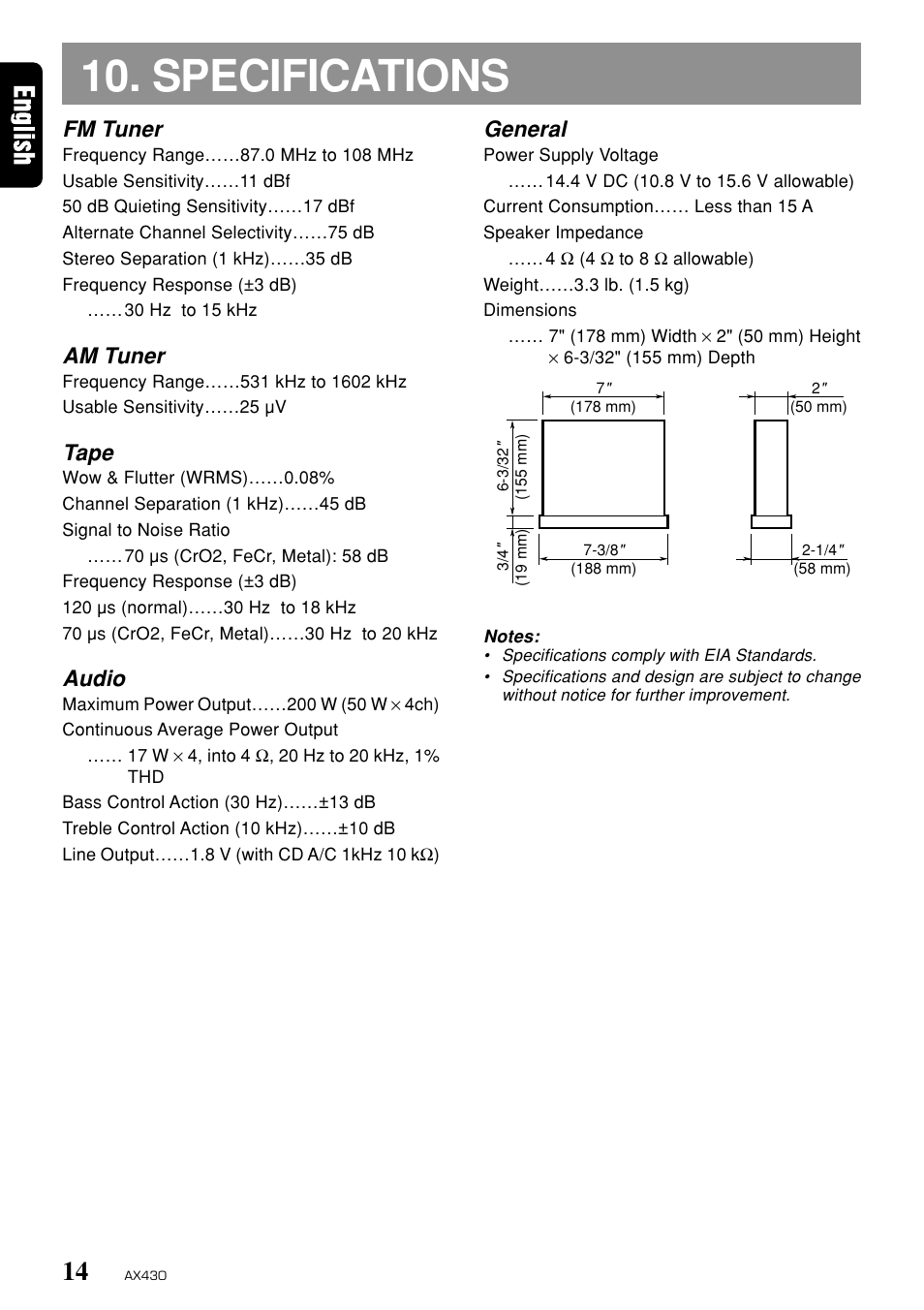 Specifications, Fm tuner, Am tuner | Tape, Audio, General | Clarion AX430 User Manual | Page 12 / 12