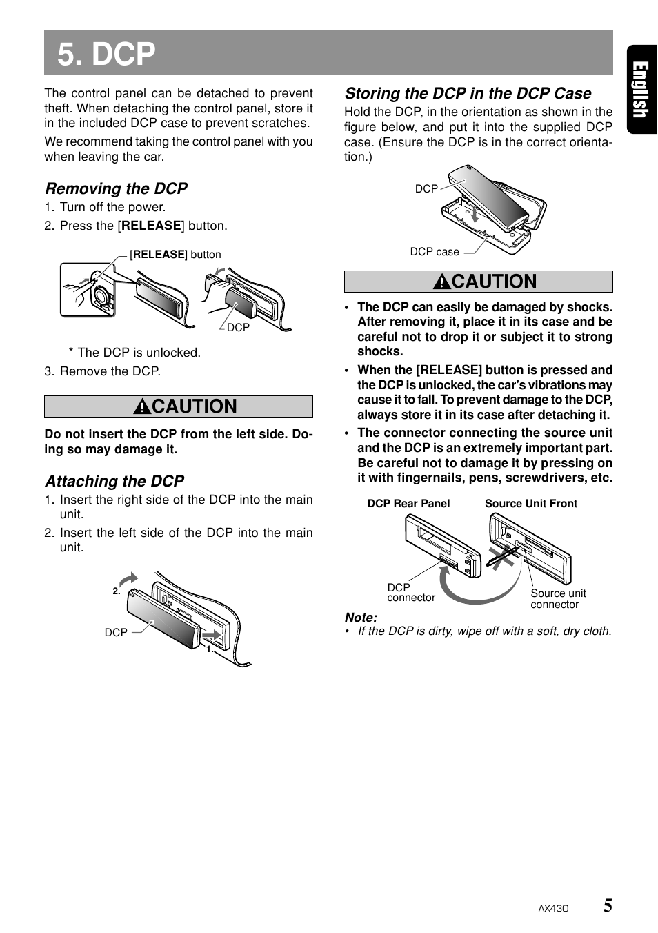Caution, Removing the dcp, Attaching the dcp | Storing the dcp in the dcp case | Clarion AX430 User Manual | Page 3 / 12