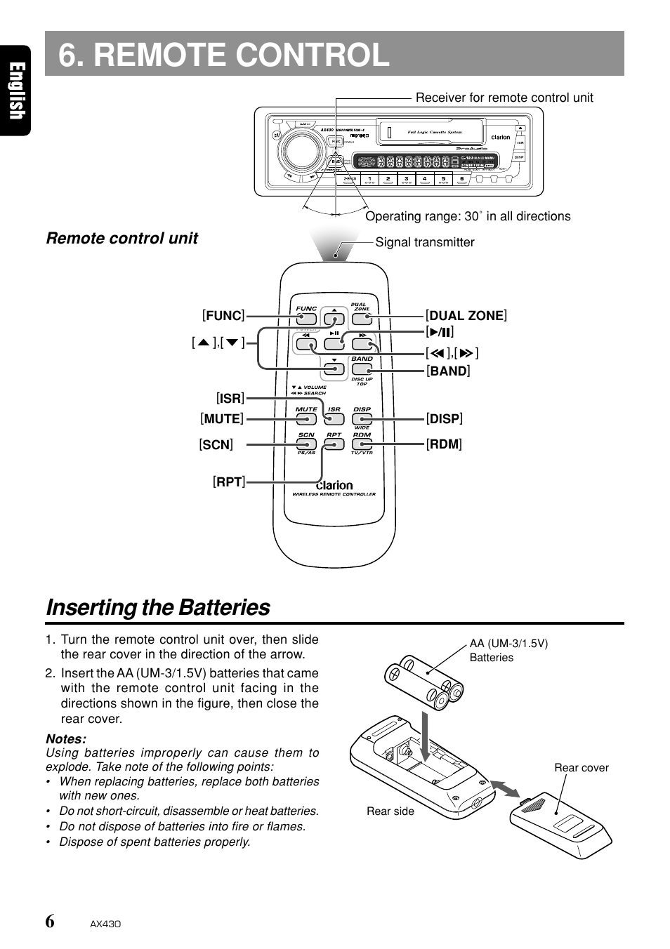 Remote control, Inserting the batteries, Remote control unit | Clarion AX430 User Manual | Page 4 / 12