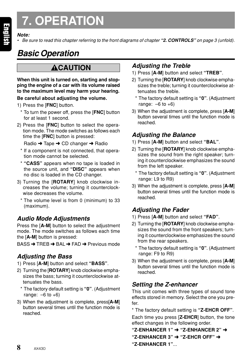Operation, Basic operation, Caution | Adjusting the treble, Adjusting the balance, Adjusting the fader, Setting the z-enhancer, Audio mode adjustments, Adjusting the bass | Clarion AX430 User Manual | Page 6 / 12