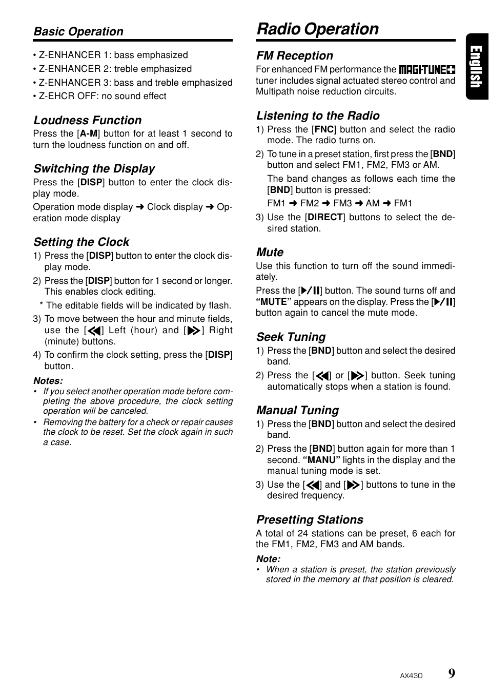 Radio operation, Loudness function, Switching the display | Setting the clock, Basic operation, Fm reception, Listening to the radio, Mute, Seek tuning, Manual tuning | Clarion AX430 User Manual | Page 7 / 12
