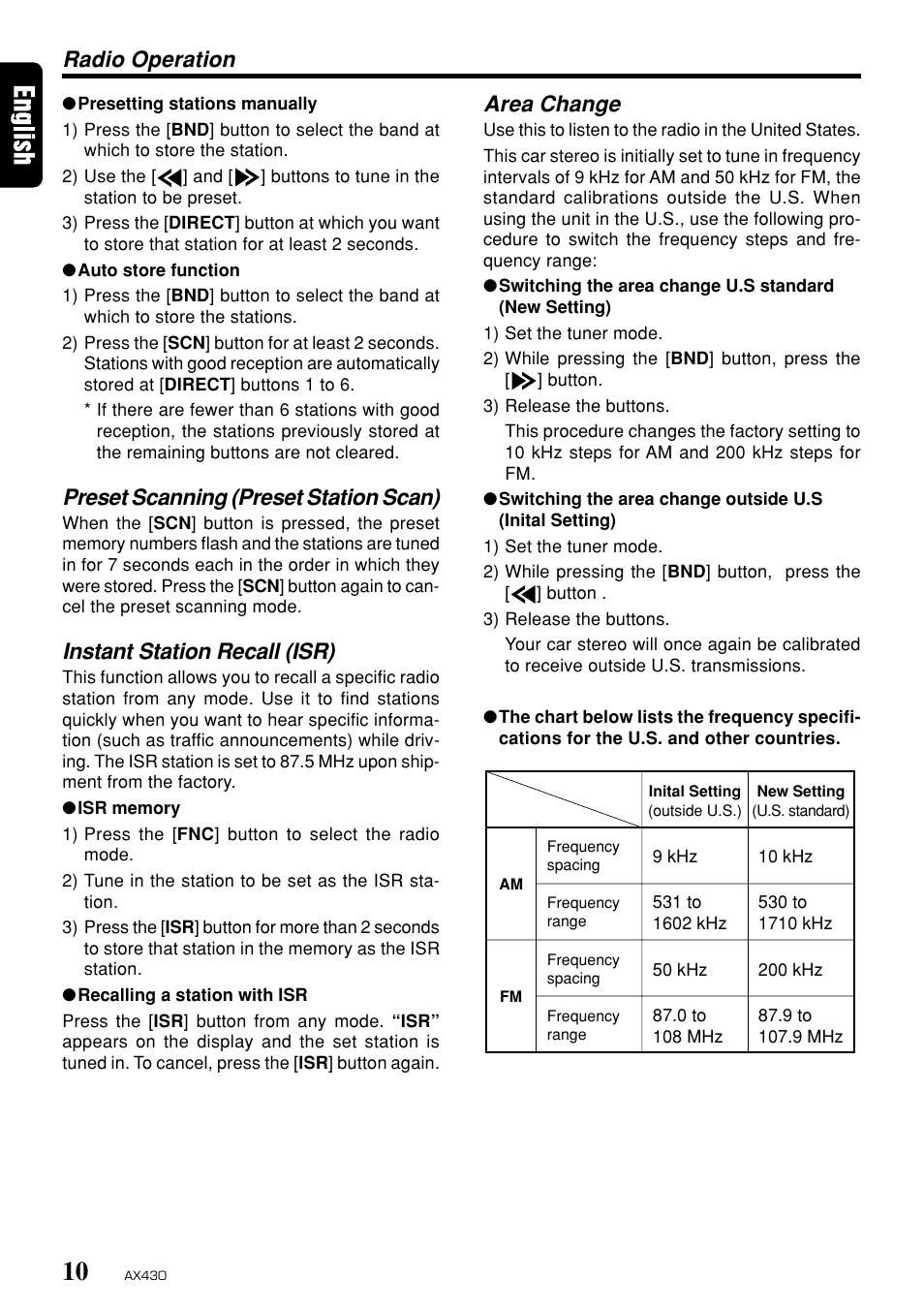 Preset scanning (preset station scan), Instant station recall (isr), Area change | Radio operation | Clarion AX430 User Manual | Page 8 / 12