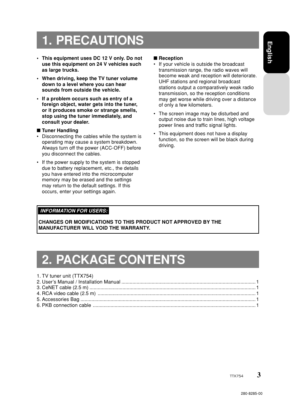 Precautions, Package contents | Clarion Net TTX754 User Manual | Page 3 / 8