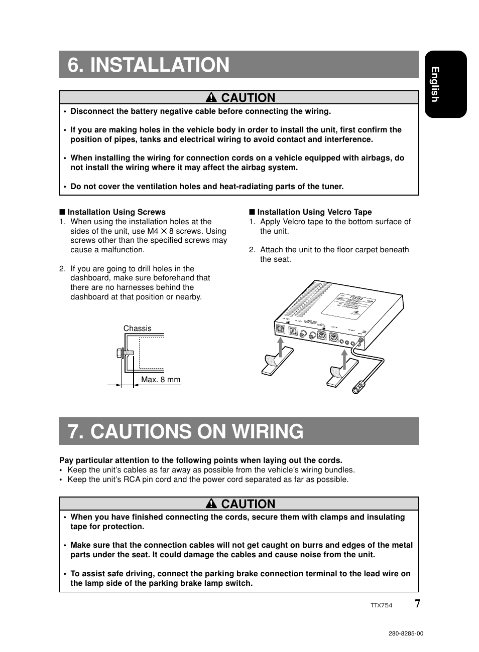 Installation, Cautions on wiring, Caution | English | Clarion Net TTX754 User Manual | Page 7 / 8