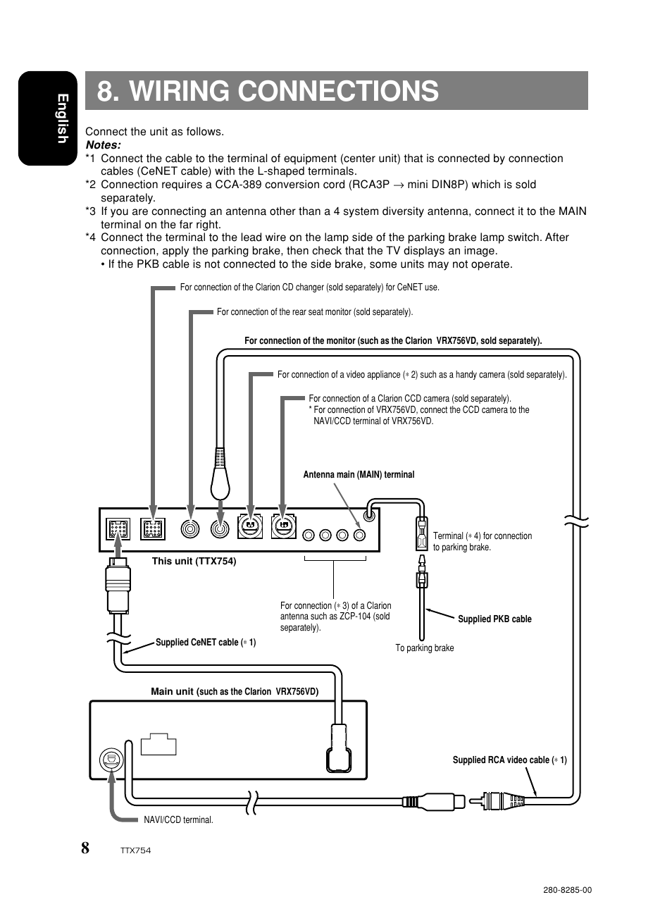 Wiring connections, English | Clarion Net TTX754 User Manual | Page 8 / 8