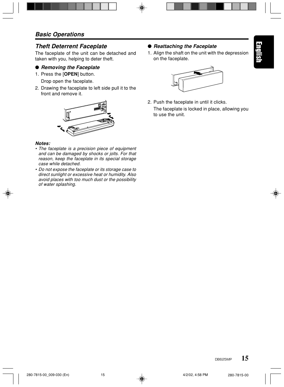 Theft deterrent faceplate, Basic operations | Clarion DB625MP User Manual | Page 11 / 26