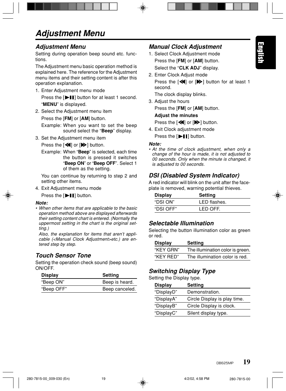 Adjustment menu, Touch sensor tone, Manual clock adjustment | Dsi (disabled system indicator), Selectable illumination, Switching display type | Clarion DB625MP User Manual | Page 15 / 26