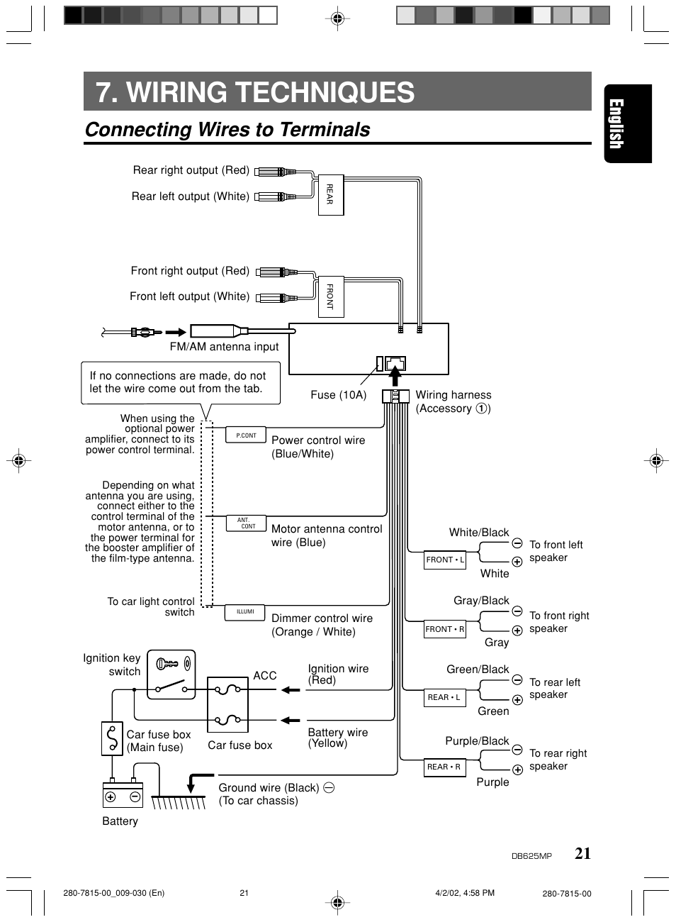 Wiring techniques, Connecting wires to terminals | Clarion DB625MP User Manual | Page 17 / 26