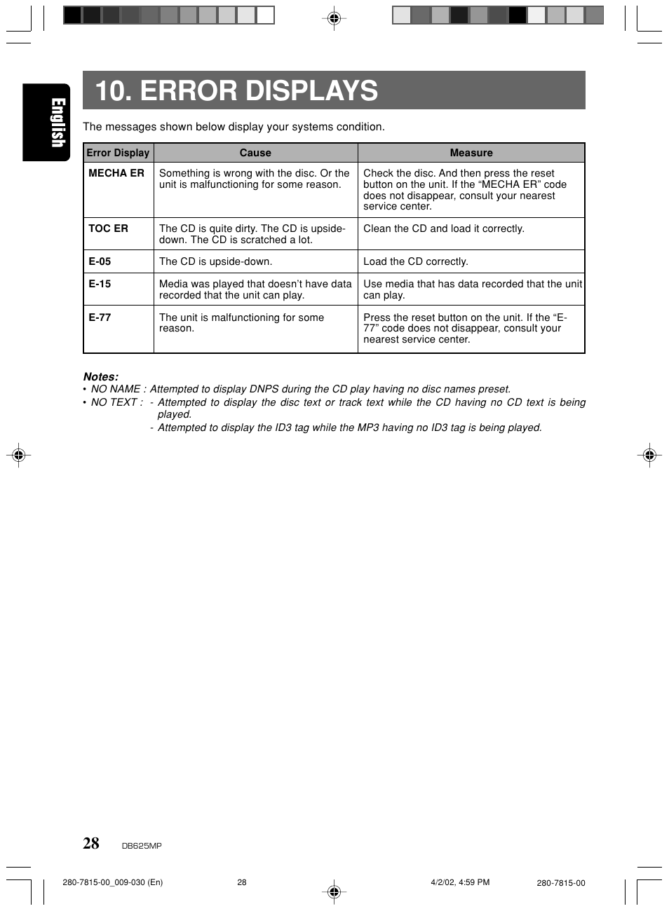 Error displays | Clarion DB625MP User Manual | Page 24 / 26