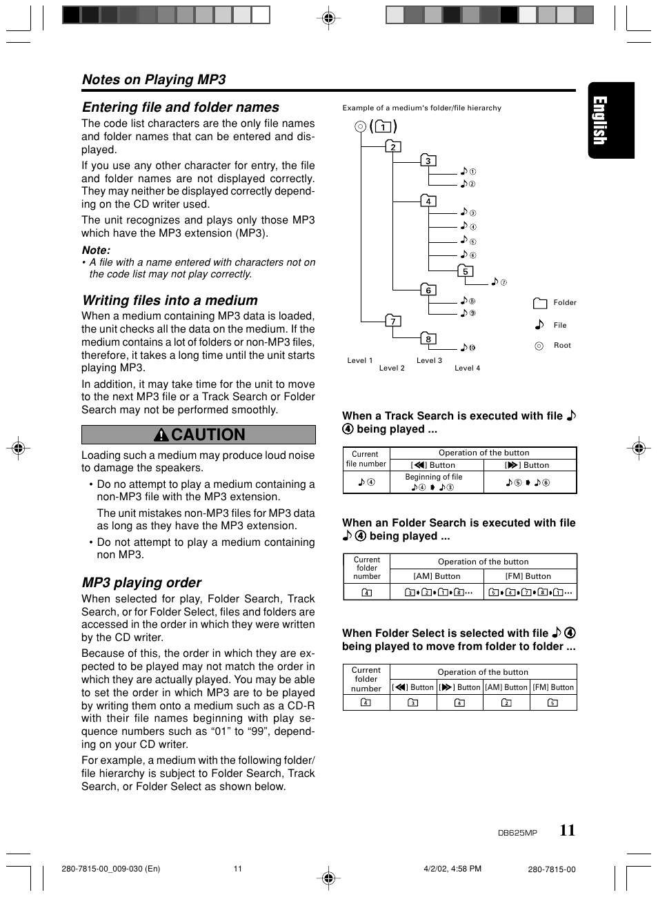 Caution, Entering file and folder names, Writing files into a medium | Mp3 playing order | Clarion DB625MP User Manual | Page 7 / 26
