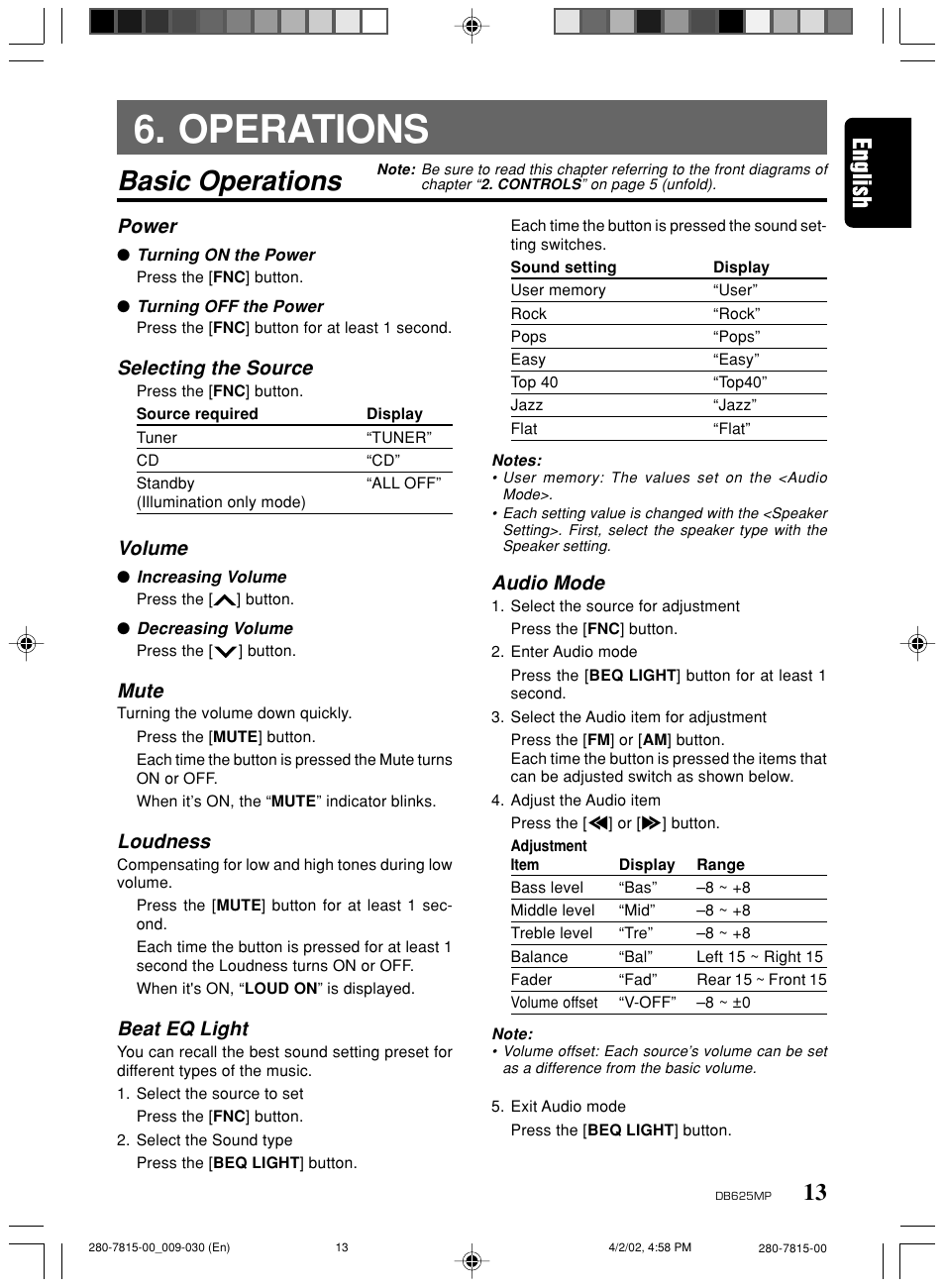 Operations, Basic operations, Power | Selecting the source, Volume, Mute, Loudness, Beat eq light, Audio mode | Clarion DB625MP User Manual | Page 9 / 26