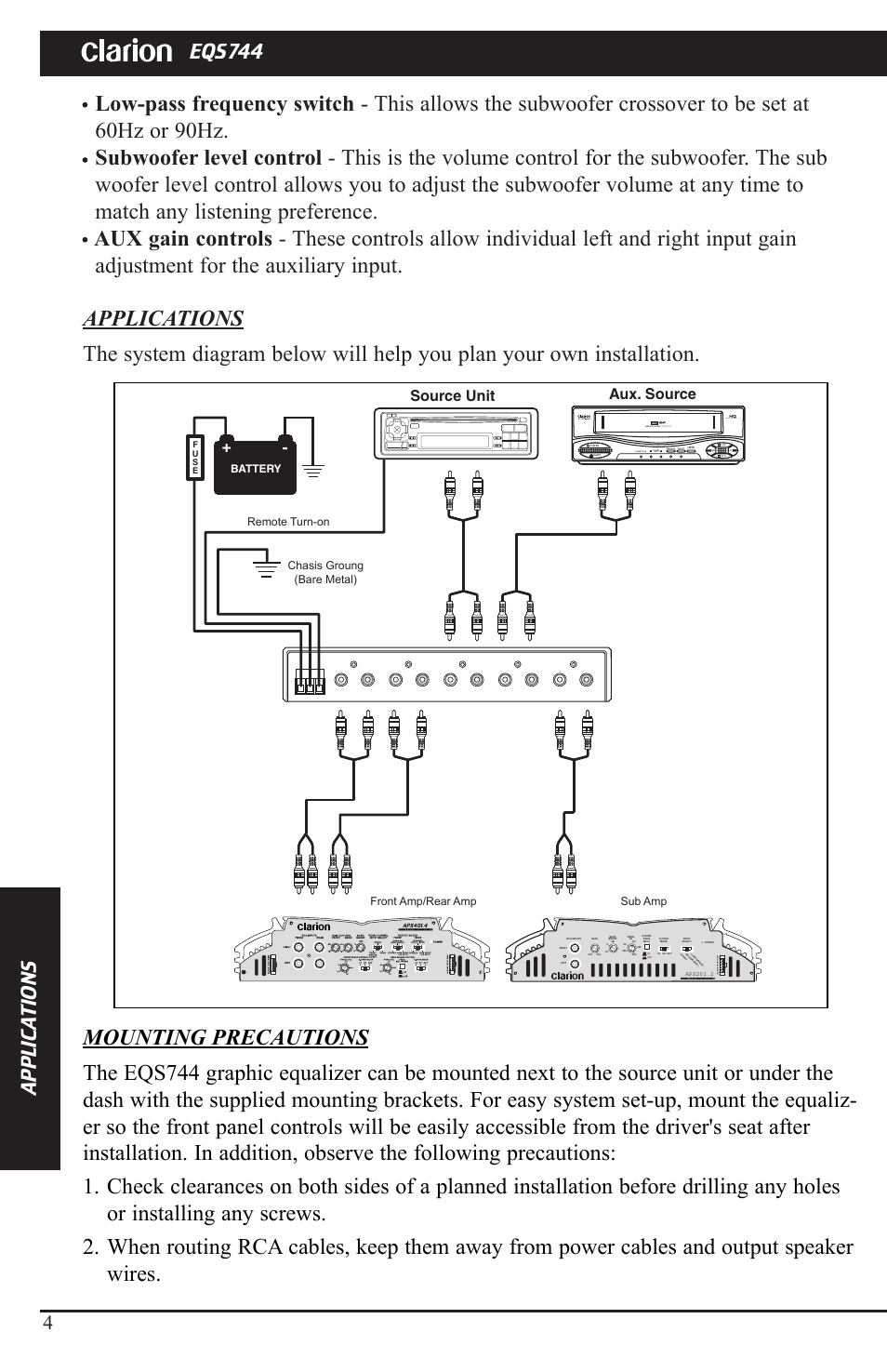 Eqs744, Source unit aux. source, Cassette in | Stereo hi-fi repeat auto rew ind enh an ce l r, Video p layer d g tal auto trac g | Clarion EQS744 User Manual | Page 3 / 6