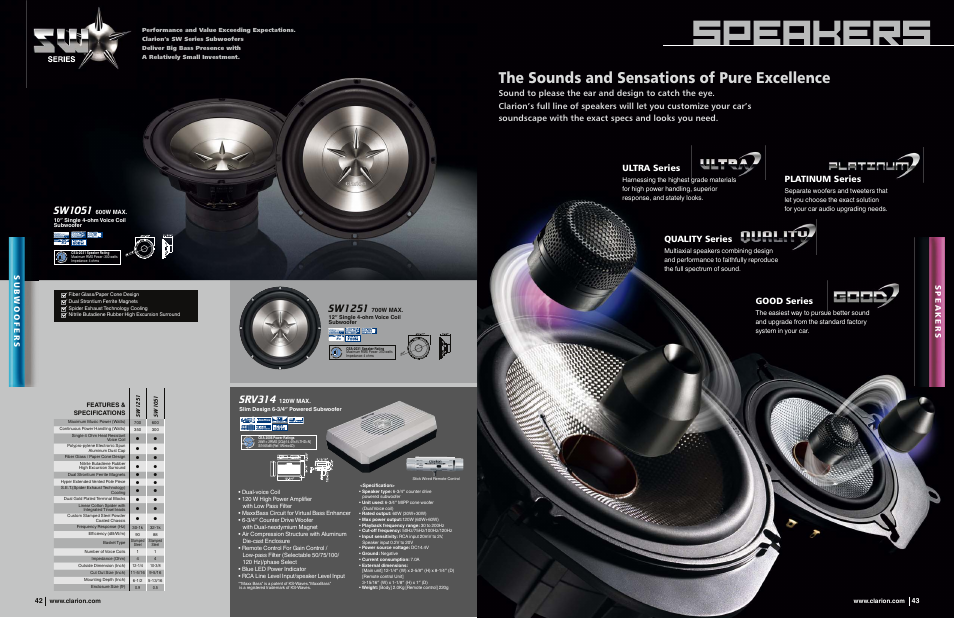 The sounds and sensations of pure excellence, Sw1251, Srv314 | Sw1051, Platinum series, Good series, Ultra series, Quality series, Sub woofers, Speakers | Clarion CM1625 User Manual | Page 4 / 6