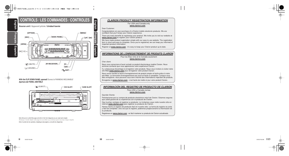 Controls, Clarion product registration information, Controls / les commandes / controles | Français español english english français ii, Español | Clarion DXZ575USB User Manual | Page 2 / 39