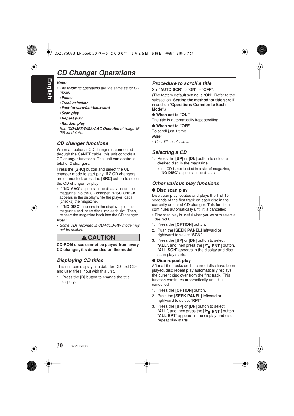 Cd changer operations, English 30, Caution | Cd changer functions, Displaying cd titles, Procedure to scroll a title, Selecting a cd, Other various play functions | Clarion DXZ575USB User Manual | Page 32 / 39