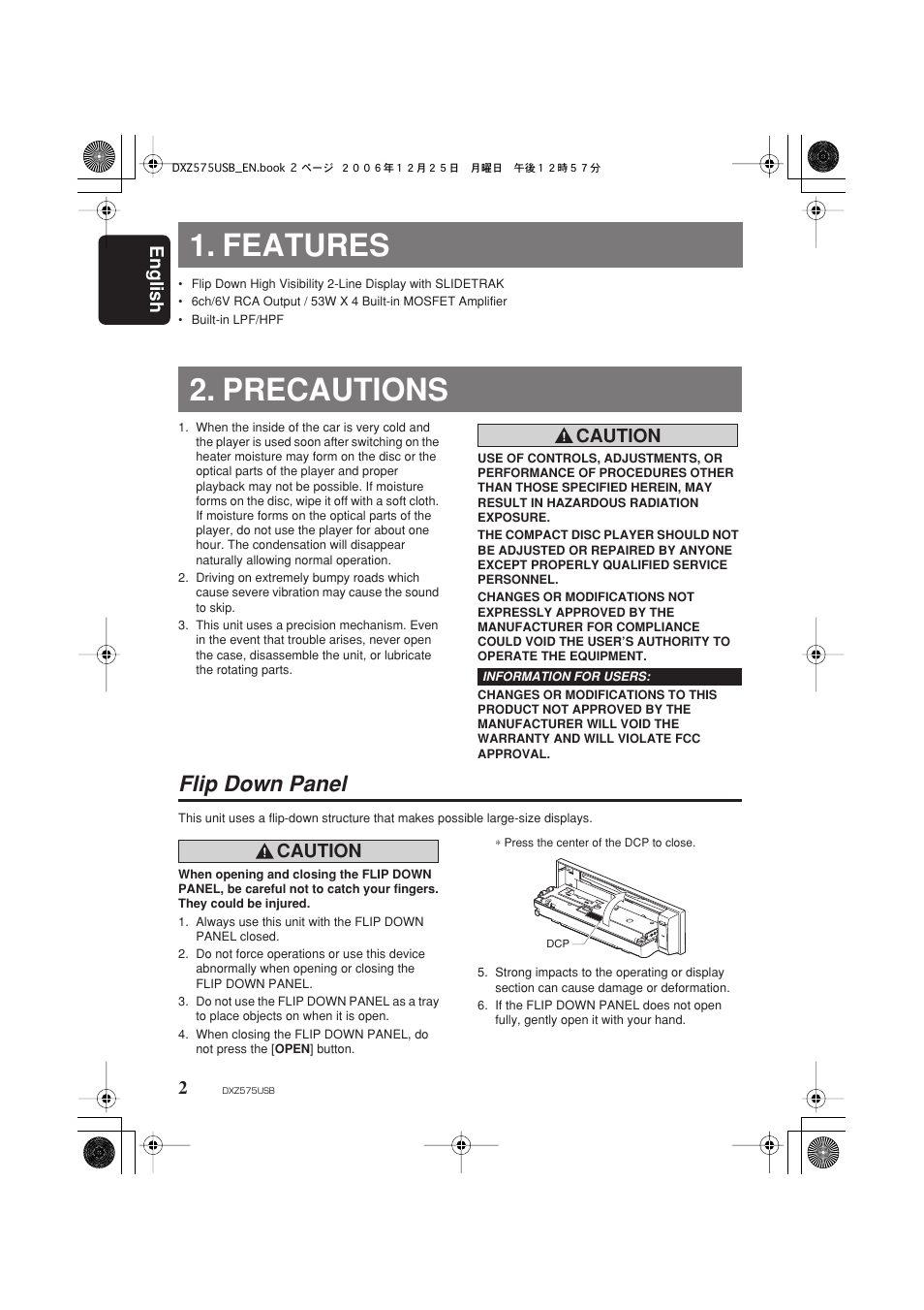 Features, Precautions, Flip down panel | English 2, Caution | Clarion DXZ575USB User Manual | Page 4 / 39