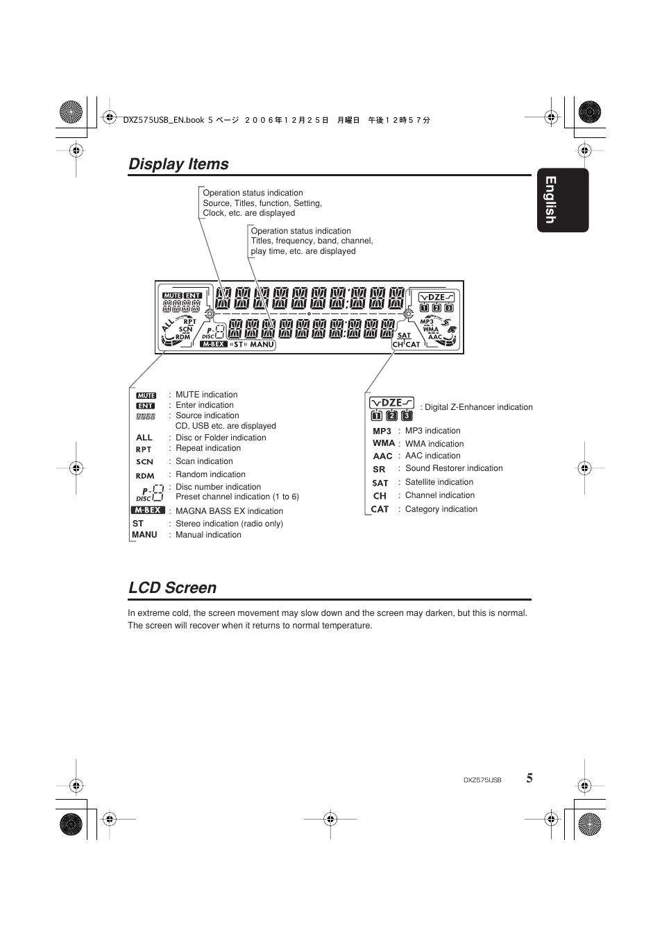 Display items, Lcd screen, Display items lcd screen | English 5 | Clarion DXZ575USB User Manual | Page 7 / 39