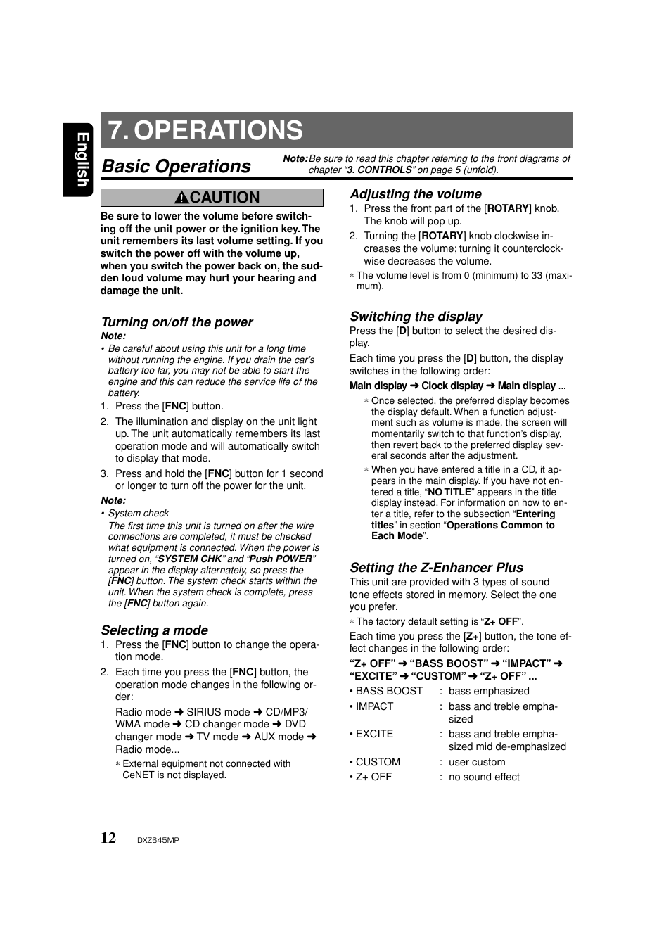 Operation, Basic operations, Power on / off | Source / mode selection, Volume, Switching the display, Setting the z-enhancer plus, Operations, English, Caution | Clarion DXZ645MP User Manual | Page 12 / 43