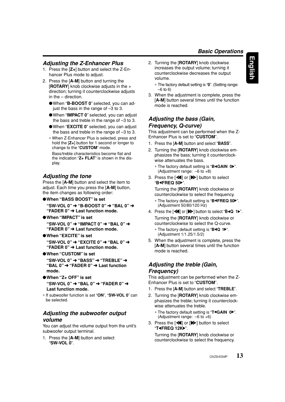 Tone, Subwoofer output, Bass gain | Treble gain, 13 english, Adjusting the z-enhancer plus, Adjusting the tone, Adjusting the subwoofer output volume, Adjusting the bass (gain, frequency, q-curve), Adjusting the treble (gain, frequency) | Clarion DXZ645MP User Manual | Page 13 / 43