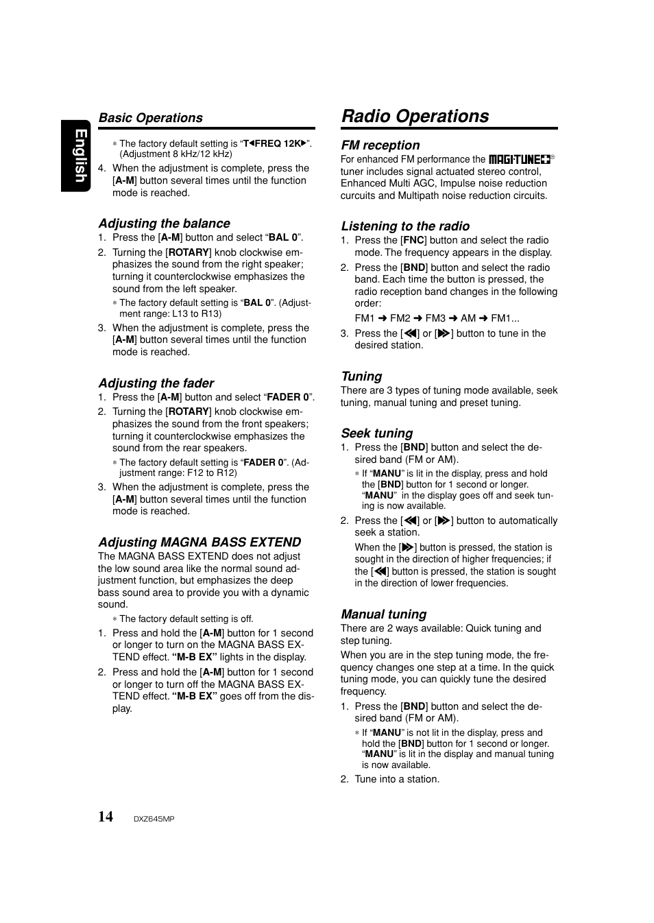 Balance, Fader, Adjusting magna bass extend | Radio operations, Listening to the radio, Seek tuning, Manual tuning, English, Fm reception, Tuning | Clarion DXZ645MP User Manual | Page 14 / 43